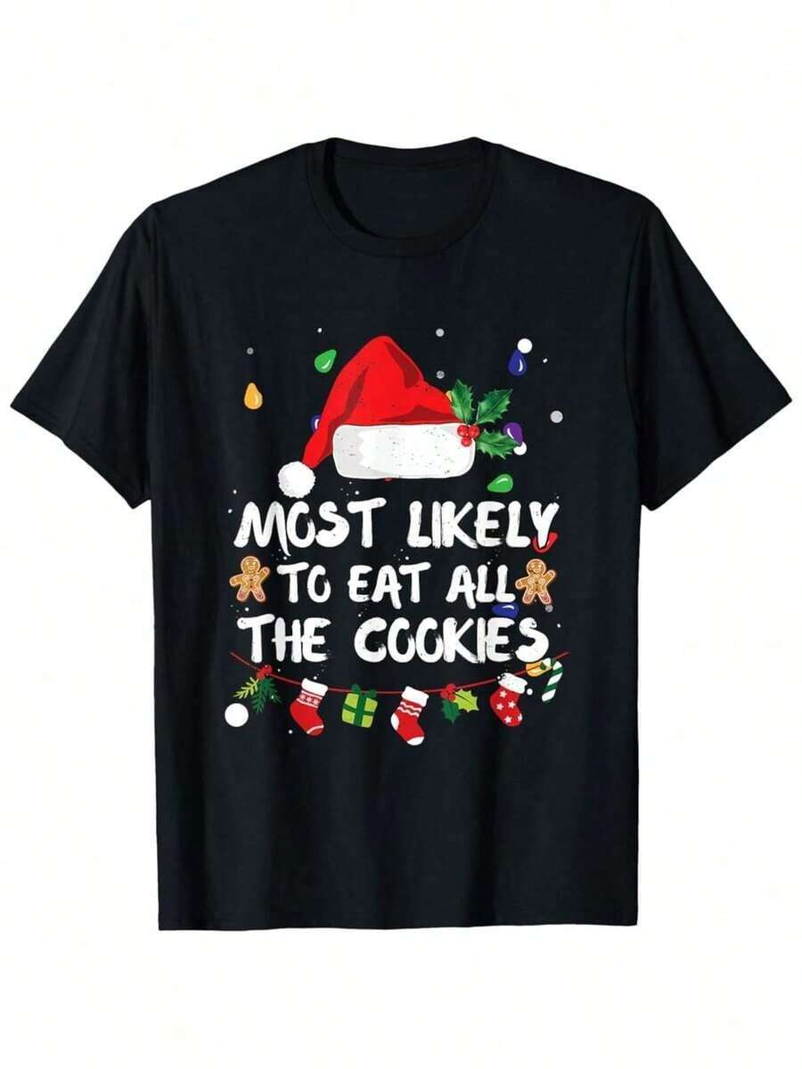 Funny Christmas T Shirt 'Most Likely To Eat All The ' Black Short Sleeve Cotton Tee With Santa Hat Design For Holiday Parties - Negro - Ver 1