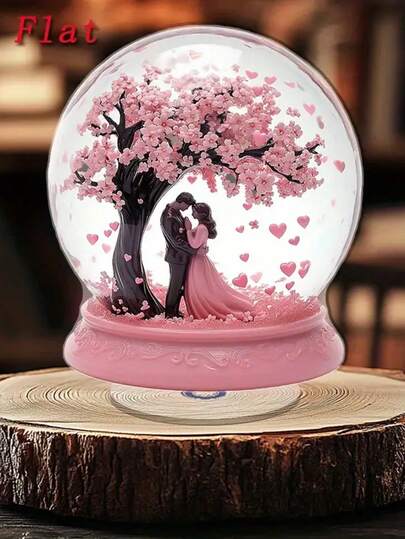 2D Flat, 1pc Rotating Romantic Couple Snow Globe - Pink Cherry Blossom Heart Shape With Rotating Base, Transparent Dome - Valentine's Day, Wedding Anniversary Gift, Home/Office Decor - Compatible With Desk, Tabletop, Shelf - Durable Acrylic Material - 2D Flat Design With Rotating Function - Suitable For Indoor/Outdoor Use - Love-Themed Decor For Valentine's Day And Special Occasions, 2D Flat