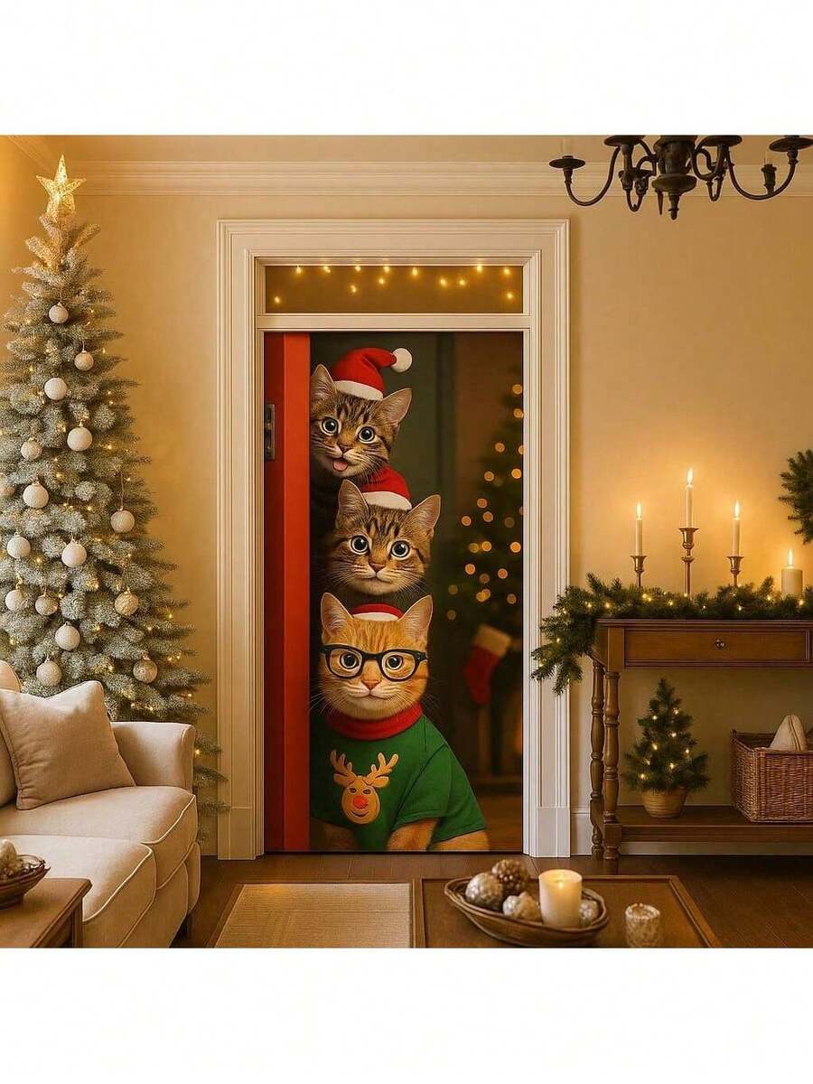 Door Cover Decoration For Christmas And New Year's With Beautiful Prints - Kittens - View 1