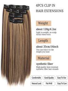 4片装合成纤维夹式接发片，14英寸直发接发片，带BB夹，隐形无痕假发，女士专用 - 彩色 - 查看 4