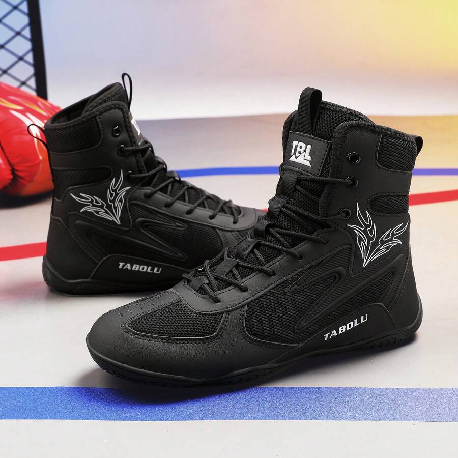 Men's Wrestling Shoes, High-Top Combat Boxing Shoes, Training Shoes, Kickboxing Boots, Fitness Martial Arts Shoes, High-Quality Men's Professional Sports Shoes, Comfortable Anti-Slip Durable Breathable Ankle Support Shoes With Textured Soles - Black - View 1