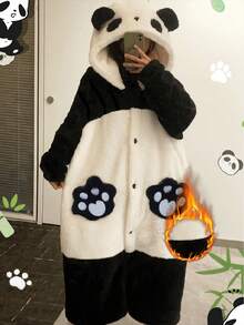 1件熊猫连帽睡袍，冬季保暖女士连帽长款毛绒睡袍，秋冬卡通印花涤纶睡衣，长袖，拉链，略带弹性 - 舒适毛绒角色扮演服装，适合万圣节、圣诞节和派对穿着，带口袋，针织家居睡袍 - 彩色 - 查看 15