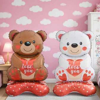 58-Inch Large Standing Teddy Bear Balloon, Cartoon Heart-Shaped Standing Teddy Bear Balloon For Valentine's Day, Wedding Decoration, Engagement, Party, Anniversary