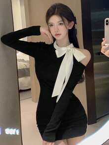 优雅性感修身长袖连衣裙，简约蝴蝶结半身裙