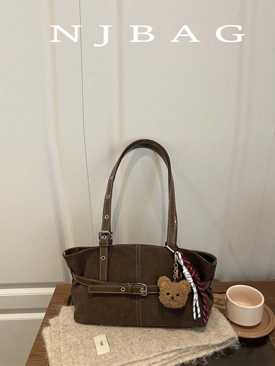 1个纯色绒面革绗缝拉链保龄球包，大容量手提包，新款时尚复古风单肩包，适合女性日常使用，秋冬季