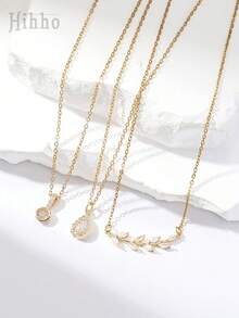 Hihho 3pcs/Set Geometric Waterdrop Cubic Zirconia Embedded Branch Design Personalized Necklace Set, Party Gift For Women - Yellow Gold - View 5