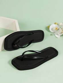 Women's Solid Color Square Toe Casual Sandals, Soft Lightweight Comfortable, Suitable For Outdoor, Beach, Bathroom, Open Toe Flip Flops - Black - View 6
