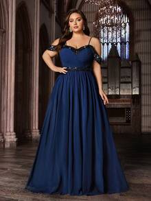 Elegant Curve Plus Size Women Chiffon Sequin Long Formal Dress, Open Shoulder Slit Hem Spaghetti Strap Evening Gown Wedding Spring Party - Navy Blue - View 3