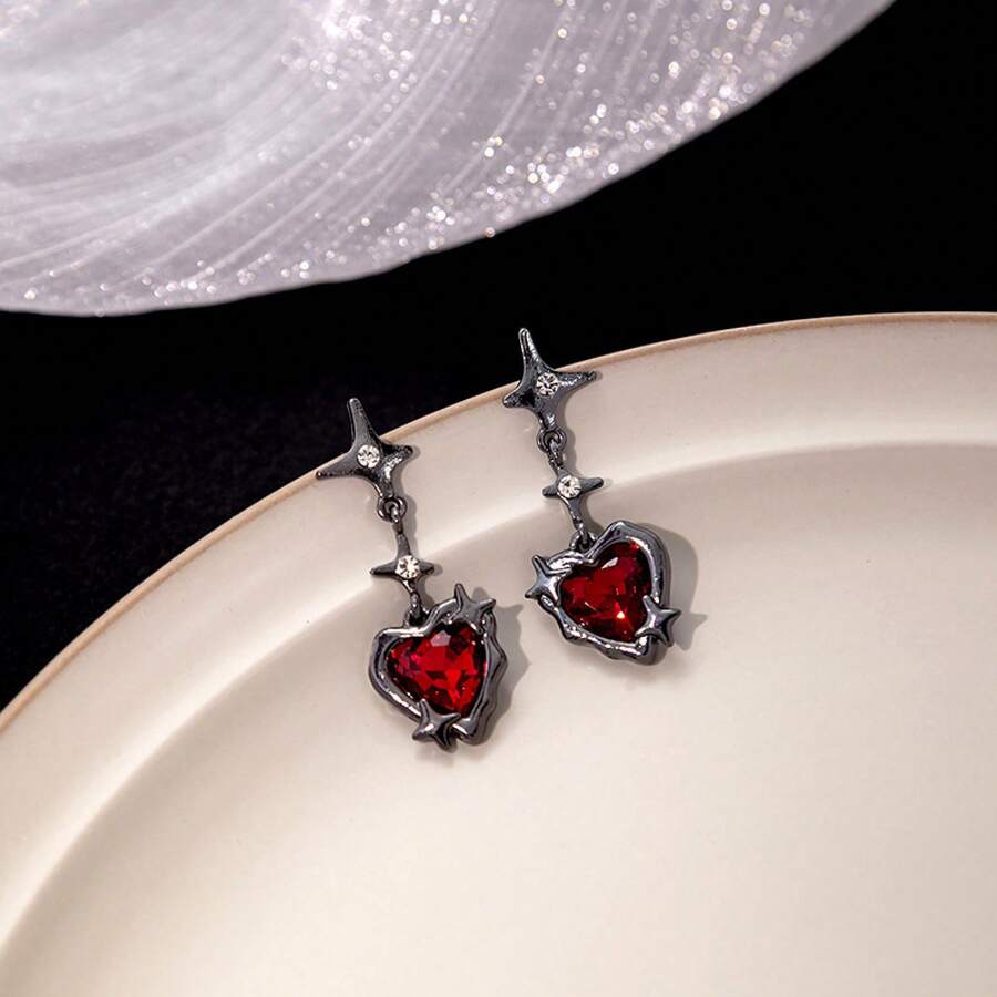 1 Pair New Simple Elegant Lava Heart Earrings Four-Pointed Sweet Cool Dark Heart Stud Irregular Earrings - màu đen - Xem 1