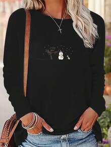 Women's Soft Casual Long Sleeve T-Shirt - Christmas Snowman Print Round Neck Top, Machine Washable Spring Summer Autumn Vacation Clothing, Fun Pattern Comfortable Style, All-Season Versatile Short Sleeve Shirt - Black - View 1