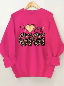 2025 New Women's Sweatshirt Leopard Print LOVE BEING GIGI Sweatshirt, Casual Long Sleeve Round Neck Sweatshirt For Autumn And Winter, Women's Clothing. Loose And Comfortable - 橄欖綠 - 查看 6