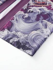 Men's Japanese Dragon Pattern Open Front Casual Shirt - Vintage Purple Pink Loose Fit Summer Top, Machine Washable, Multi-Size Suitable For Indoor And Outdoor Wear, Loose Kimono Style, Non-Sheer Fabric, Please Check Size Chart Carefully