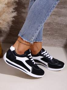 女士小号撞色厚底运动鞋，复古休闲系带运动鞋，2025年秋季新款 - 黑色 - 查看 5