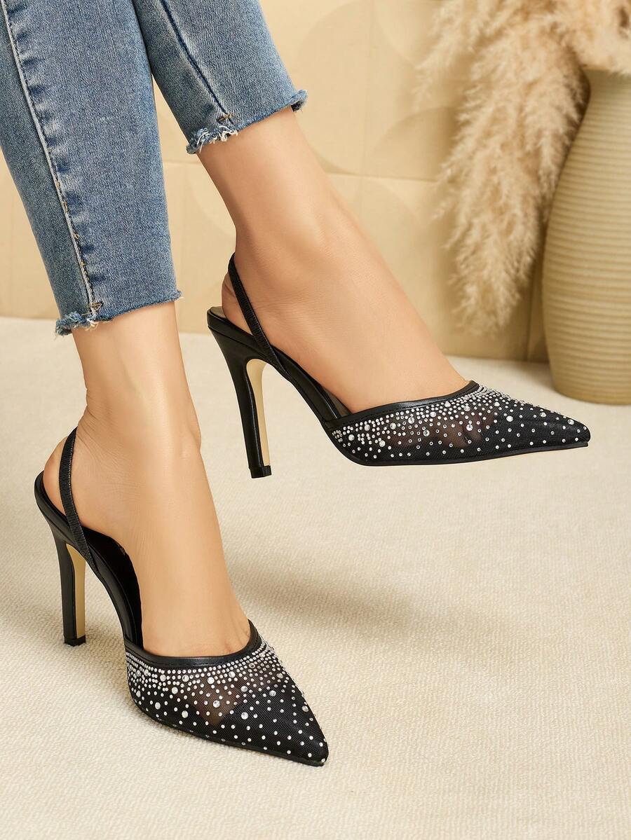 Giày cao gót mũi nhọn đính đá lưới thời trang cho nữ, giày dự tiệc sang trọng, gợi cảm - màu đen - Xem 1