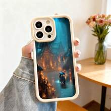 Cubierta de teléfono con borde negro diseño iluminado de ciudad mágica con faroles y carruaje nocturno para uso diario y viajes - Blanco - Ver 7