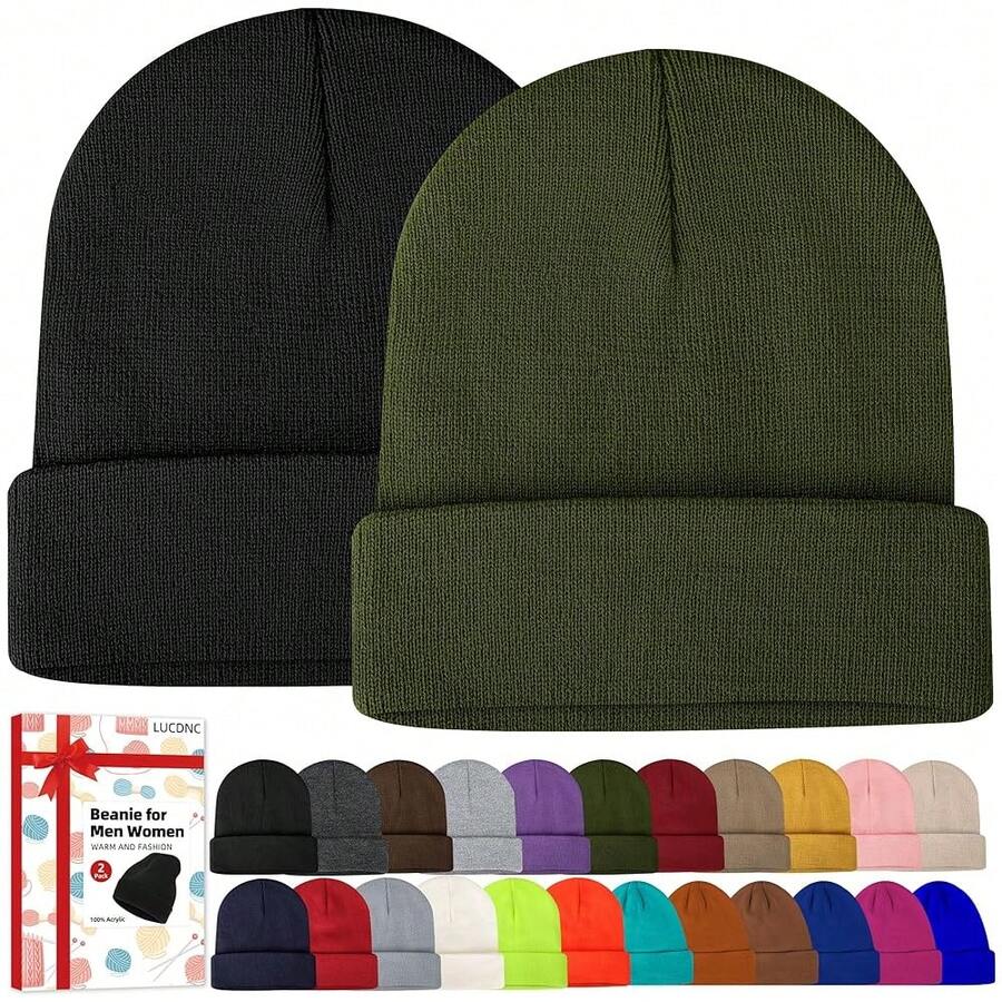 Beanies For Men Women 2 Pack Fall Winter Men's Hats Unisex Warm Knit Skullies Beanies Soft Ski Caps,Green - 綠色的 - 查看 1