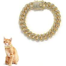 Chain Collar, 1 Pcs Cuban Link Kitten Walking Collar With Secure Pet Rhinestones Necklace Metal Chain Jewelry Accessories Cats Dogs Kittens Puppies 10inch, Gold - 金的 - 查看 1