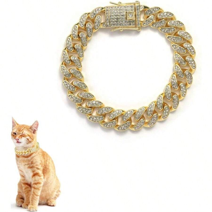 Chain Collar, 1 Pcs Cuban Link Kitten Walking Collar With Secure Pet Rhinestones Necklace Metal Chain Jewelry Accessories Cats Dogs Kittens Puppies 10inch, Gold - 金的 - 查看 1