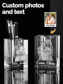 1pc Custom 3D Engraved Rectangle Crystal Pen & Pencil Holder - Thick Crystal Clear Desk Organizer With Couple Photo And Text,Crystal Glass 3d,Wedding Pictures Crystal Pen & Pencil Holder,Laser Engraved Picture Crystal,Anniversary Gift,Personalized Gifts,Customized Christmas Gifts,Christmas - Multicolor - View 7