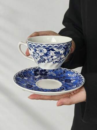 1 Juego de taza y platillo de café de cerámica vintage azul y blanco francés, taza de leche para desayuno, plato de postre/pan, taza para té de la tarde, taza para arte de latte, taza para jugo/bebida, taza de agua para pareja, regalo festivo para familia y amigos