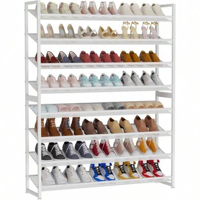 Large Shoe Rack 8 Tier Shoe Organizer Heavy Duty Metal 4Tier Stackable Shoe Storage Vertical Shoe Rack For Closet Front Door Entrance Up To 50 Pairs 44.8" W X 11.4" D X 56.7" H White 8 Tier