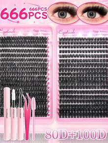 720PCS/666PCS Lash Clusters Kit,D-Curl Voluminous False Eyelashes | 0.07mm Ultra-Thin Layered Design, Eyelashes8-16mm Mixed Lengths, Natural Thickened Style, Reusable & Beginner-Friendly, Includes Glue, Tweezers, And Eyelash Brush Tools - Suitable For Home Or Salon Use, DIY Application Tools For Dramatic Eye Makeup, Perfect For Various Parties/Travel/ And Events - 彩色 - 查看 10