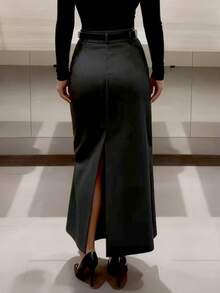 女士通勤职业休闲开衩铅笔裙，含腰带，修身廓形 - 黑色 - 查看 4