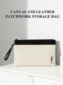 Yves Saint Laurent Materiel Beauty Large Wristlet Pouch, White And Black Zippered Cosmetics Case With Detachable Strap, 240x150mm Makeup Bag For Women, Travel & Daily Use - White Black - View 1