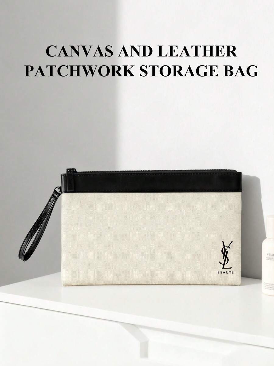 Yves Saint Laurent Materiel Beauty Large Wristlet Pouch, White And Black Zippered Cosmetics Case With Detachable Strap, 240x150mm Makeup Bag For Women, Travel & Daily Use - White Black - View 1