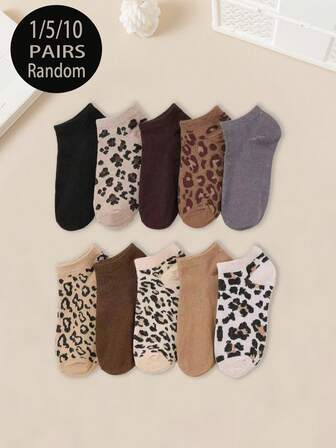 1/5/10 Pairs Women Leopard Print Socks, Simple Casual & Comfortable Socks, Fashionable Lightweight Ankle Socks, Suitable For All Seasons, Back To School, Running, Hiking, Breathable For Daily Casual And Sports, Unisex Gift