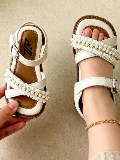 2024 Summer New Girls Princess Style Sweet Faux Pearl Lace Decor Sandals, Beige Faux Leather Soft Bottom Open Toe Sandals, Comfortable Easy On/Off Daily Wear, Campus Party Summer Essential, Popular Girls Sandals, Fashion Design Kids Princess Sandals, Soft Bottom Non-Abrasive Holiday Gift Choice