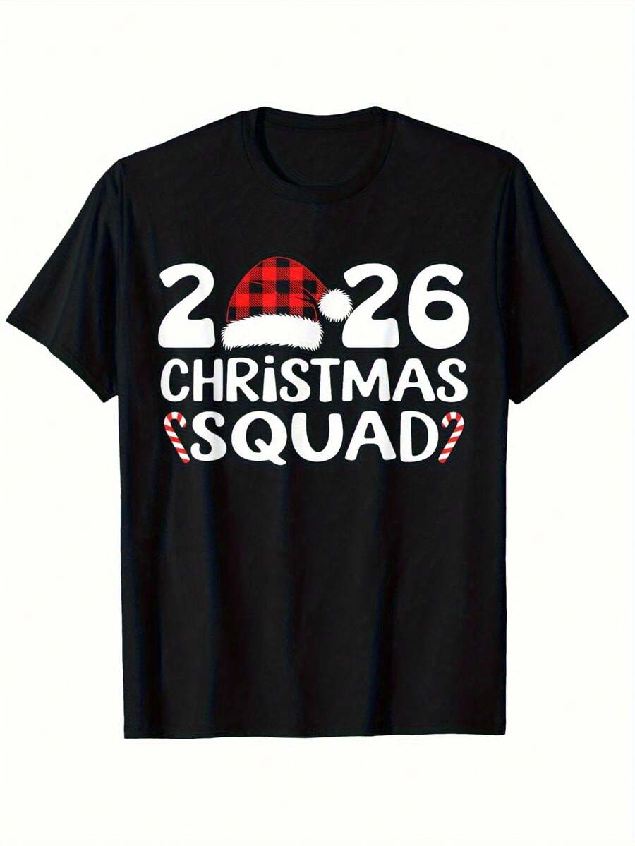 Camiseta de Hombre de Peso Pesado 100% 2026  de Navidad - Diseño de Cuadros Blancos y Letras de Cana de Azúcar con Impresión Numerada 26, Tejido Suave y Transpirable, Outfit Casual para Fiestas Navideñas Para Usar Todo el Año, Camisetas de Navidad, Moda de Temporada, Diseño Festivo - Negro - Ver 1