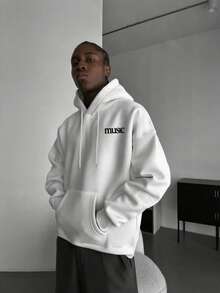 万圣节可爱幽灵元素印花男士秋冬新款创意抓绒连帽卫衣，长袖上衣 - 白色 - 查看 4