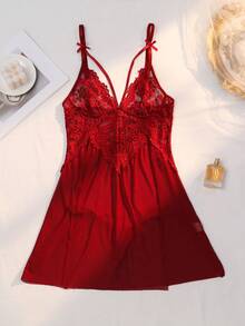 1 Set Sexy Lace & Sheer Mesh Spaghetti Strap Nightgown, Double Slit Hem Lingerie Set - Burgundy - View 8
