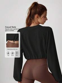 Sodalemon Femmes Top de Gym Couleur Unie Col Rond Manches Longues Cordon de Serrage à la Taille Sweat-shirt d'Entraînement Vêtement de Yoga Décontracté Extérieur Course Sport T-Shirt