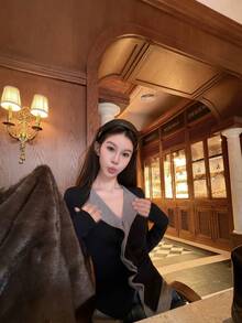 黑色拼接撞色收腰双层下摆多功能二合一针织毛衣，适合女士秋冬春季穿着。 - 黑色 - 查看 2