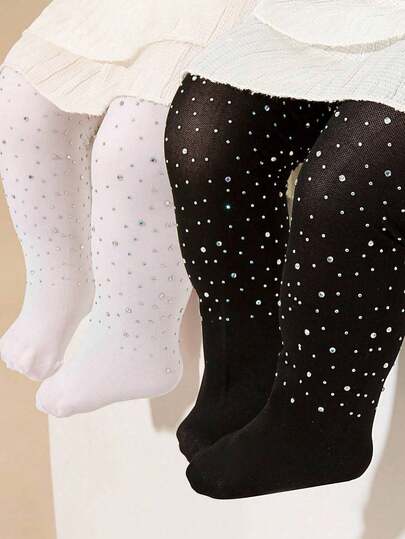 1/2pcs Girls Black & White Leggings, Decorated With Shiny Rhinestones, Lightweight Breathable Comfortable Versatile Opaque Tights, Fashionable Girlish Style Suitable For Princess Dress, School Performance, Dance Practice, Travel, Holiday Gift, Multiple Combinations Available