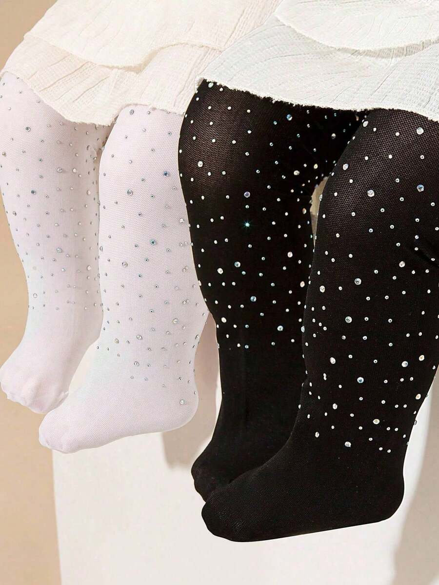 1/2 Stücke Mädchen Schwarz & Weiß Leggings, dekoriert mit glänzenden Strass, leicht atmungsaktiv bequem vielseitig undurchsichtig, modischer mädchenhafter Stil geeignet für Prinzessinnenkleid, Schulaufführung, Tanzen, Reisen, Urlaubsgeschenk, verschiedene Kombinationen erhältlich - Verschiedenfarbig - Übersicht 1