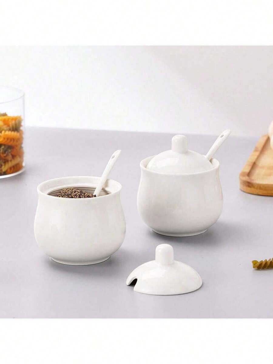 1pc Simple White Seasoning Jar With Lid And Spoon, 230ml/350ml Seasoning Container For Home And Kitchen, Salt, Spice Storage - Multicolor - View 1