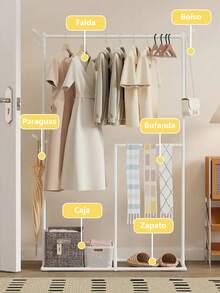 Perchero de Acero Negro - Almacenamiento Versátil para Ropa, Bufandas, Bolso y Más - Incluye Canastas y Soporte para Paraguas/Zapatos - Alto 162.5cm, Base Estable - Blanco - Ver 2