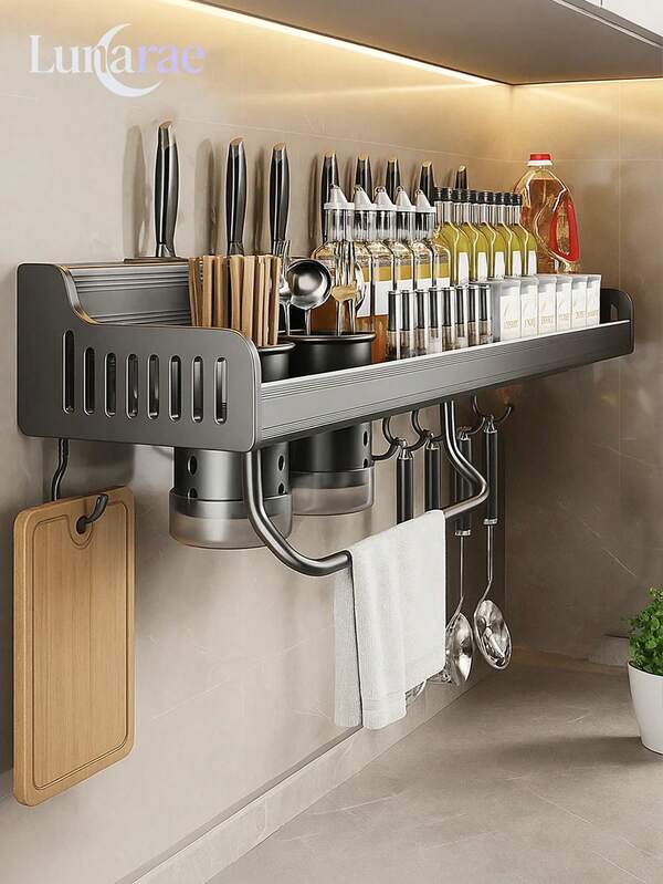 Soporte Multifuncional De Almacenamiento Para Cocina Soporte Para Especias, organizador cocina,Estante Organizador Montado En La Pared Con Olla, Cucharón,Estantería para especias de pared, sin taladrar, organizador de cocina con ganchos móviles y soportes para utensilios, toallero, soporte para cuchillos, 50 cm, Soporte Sostenedor de Utensilios Cocina, 2 Maneras de Instalar Adhesivo/Perforación,Adecuado para cocinas, baños, aseos, lavabos, Gancho Y Barra De Toalla Para Almacenamiento De Cocina / Baño.