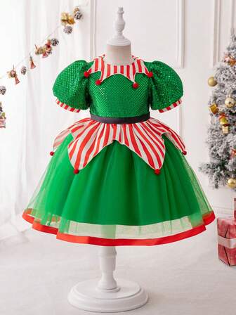 Nuevo vestido de fiesta de Navidad para niña con mangas abullonadas de lentejuelas y bloques de color, vestido de princesa para actuaciones