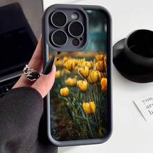 Cubierta de telefono con borde negro para iPhone con estampado de tulipanes amarillos en campo floral diseño elegante para uso diario y estilo urbano - Café integral - Ver 3
