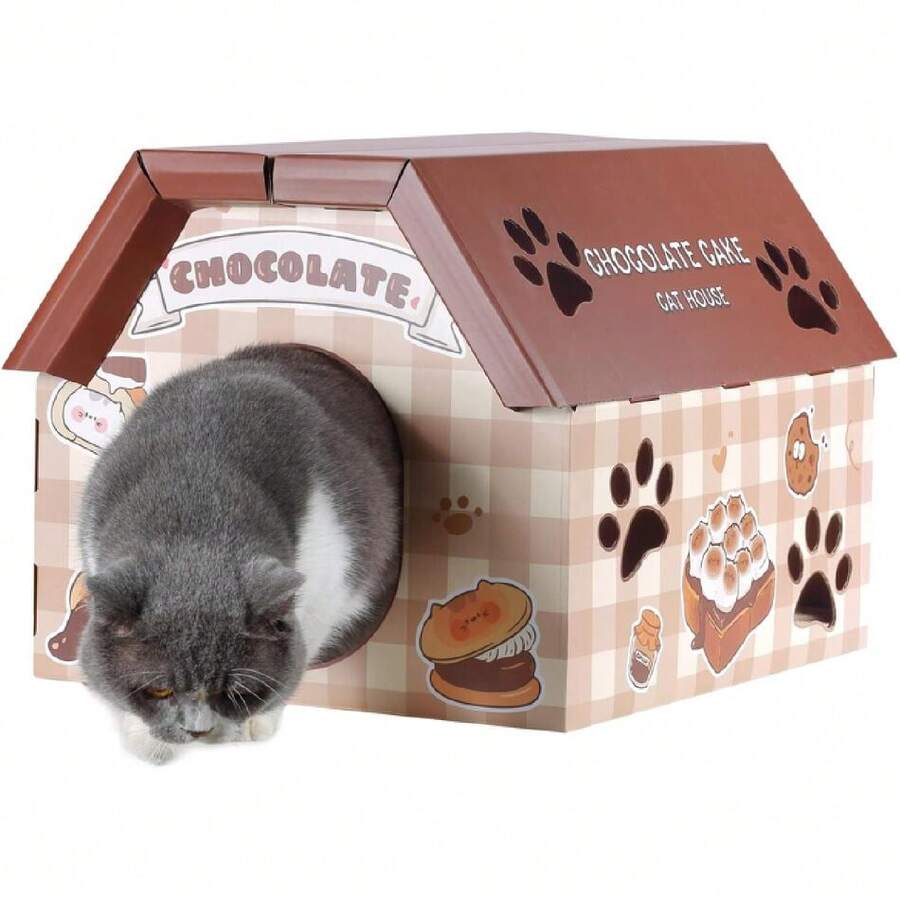 Cardboard Cat House With Scratcher - Chocolate Cake Carton Cat Box - 18''L X 15.5''W X 14''H For Cats Up To 20 Lbs, Sturdy Kitty Playhouse & Hideaway - Indoor Feline Scratch Toy,28012711 - 銀色 - 查看 1