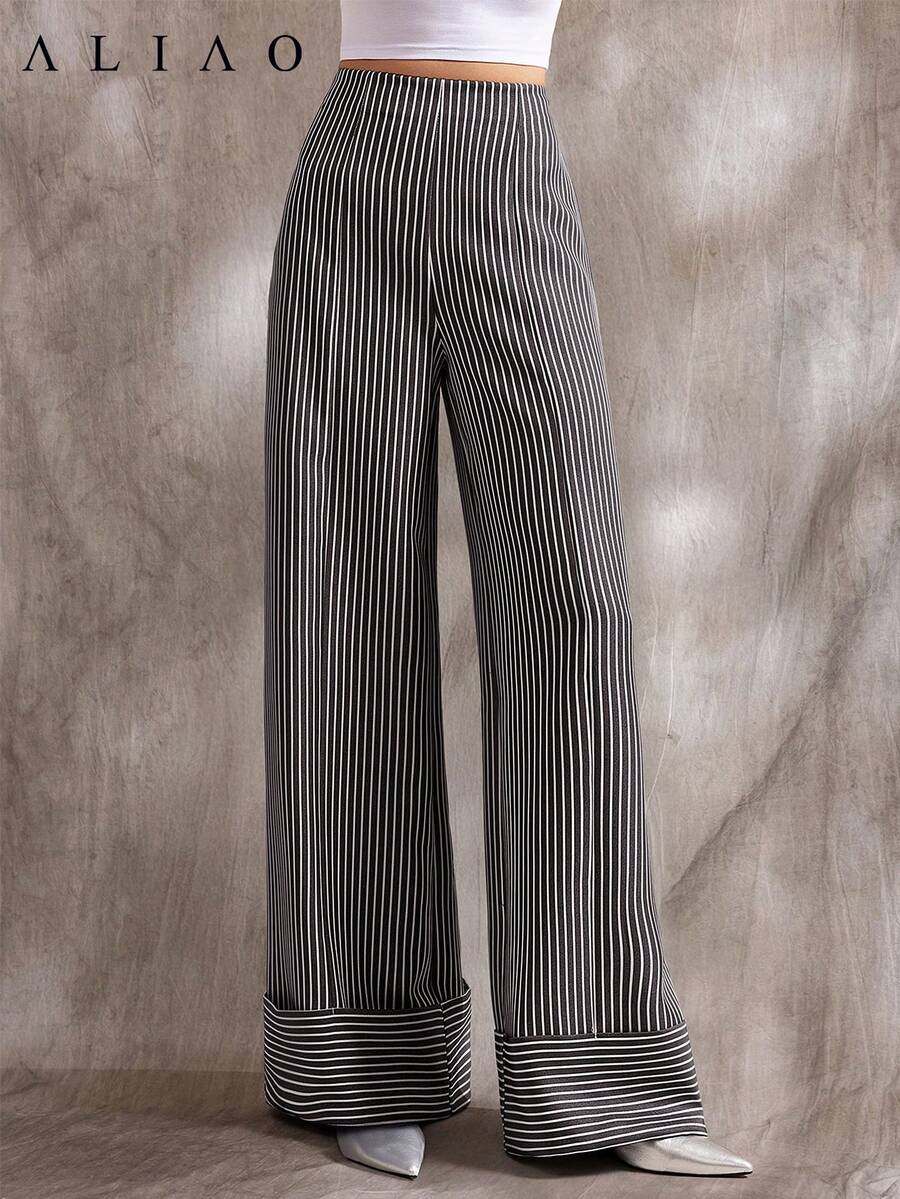 Aliao优雅荷叶边条纹阔腿裤，情人节穿搭，春季，白色派对活动，复古富贵风，宫廷风，端庄优雅，商务休闲女装 - 黑與白 - 查看 1