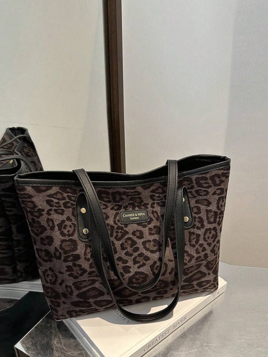 1 件咖啡色拉链豹纹大容量简约百搭铆钉女式手提包，豹纹猎豹包，豹纹回归，动物印花女包