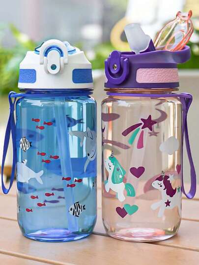 1 st. 550 ml/18 oz sportvattenflaska med tecknat djurtryck, kompakt och bärbar, lämplig för barn, med sugrör och handtag, läckagesäker försegling, bärrem, perfekt för lek, resor, sport, födelsedags- och högtidspresenter
