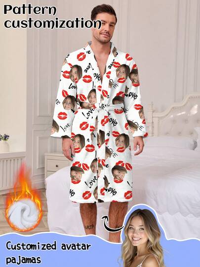 Bata de baño de felpa personalizada para hombres, se puede imprimir cualquier patrón, ropa de dormir personalizada con fotos, imágenes personalizadas divertidas, cómodas pijamas. Adecuado para regalos de vacaciones, cumpleaños, regalos, personalizado, colorido, lindo, ingenioso, único, regalos exclusivos, regalos ideales para novio/novia, adecuado para novios, novias, familia, amigos, mayores, de moda para otoño, fiestas de vacaciones, ropa de estar gruesa de franela