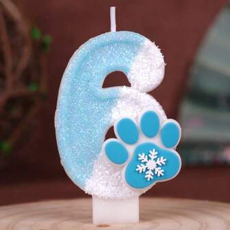 1支手工制作的蓝白爪印数字生日蜡烛，创意新款0-9数字蜡烛，适用于生日派对蛋糕装饰，营造氛围