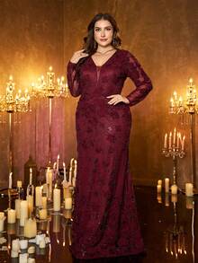 XUIBOL 女士酒红色优雅长款正式连衣裙，大码，带亮片刺绣细节和常规袖子 - 酒紅色 - 查看 5